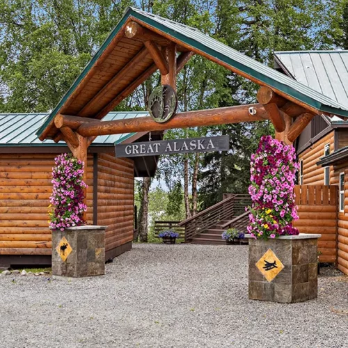 great alaska entrance with wooden title